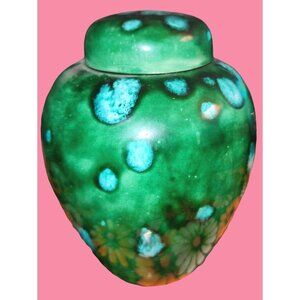 Vintage Green Ceramic Jar With Lid - Gorgeous  Pattern